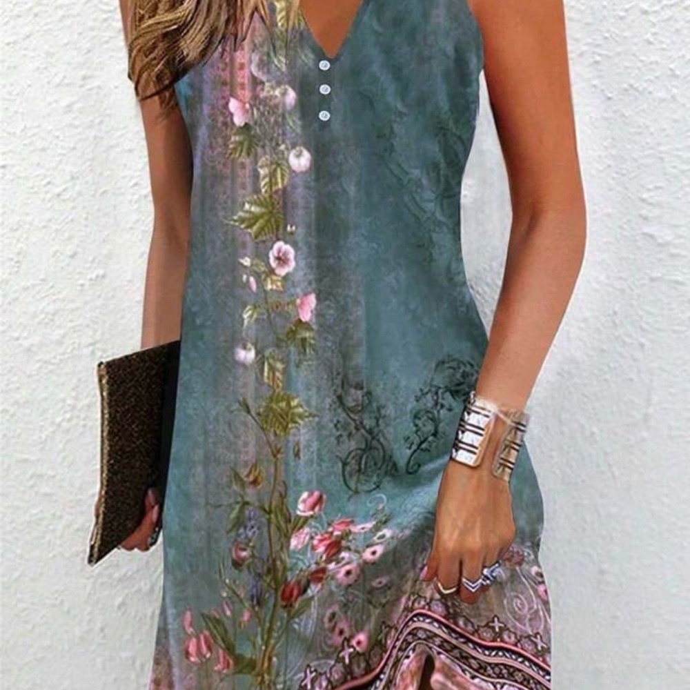 SHEIN Floral Green Sleeveless Dress